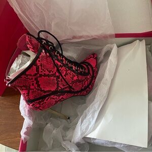 Shoe Dazzle Pink and Black Snake Print Heeled Boots